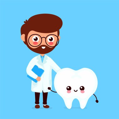 Sevimli komik gülümseyen doktor ve sağlıklı mutlu diş