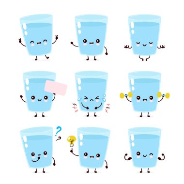 Sevimli gülümseyen mutlu su cam seti koleksiyonu