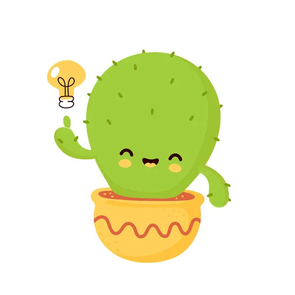 Lindo cactus sonriente feliz en olla con bombilla — Vector de stock
