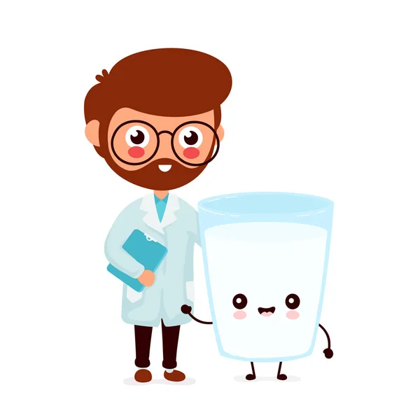 可爱的微笑快乐的医生和牛奶杯 — 图库矢量图片