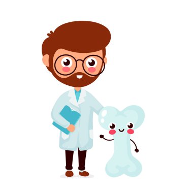 Sevimli komik gülümseyen doktor ve sağlıklı mutlu kemik