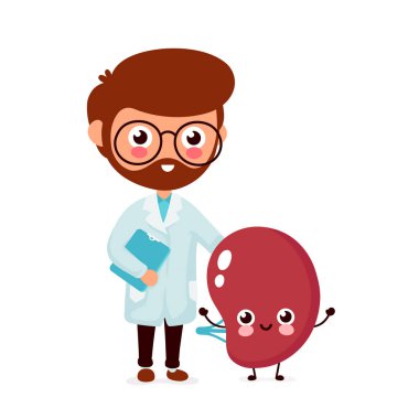 Şirin komik doktor ve sağlıklı mutlu karaciğer gülümseyen