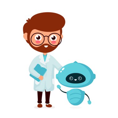 Sevimli küçük robot ile mutlu gülümseyen mühendis