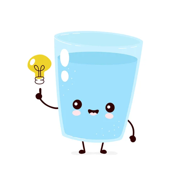 Симпатичный улыбающийся счастливый стакан воды с лампочкой — стоковый вектор