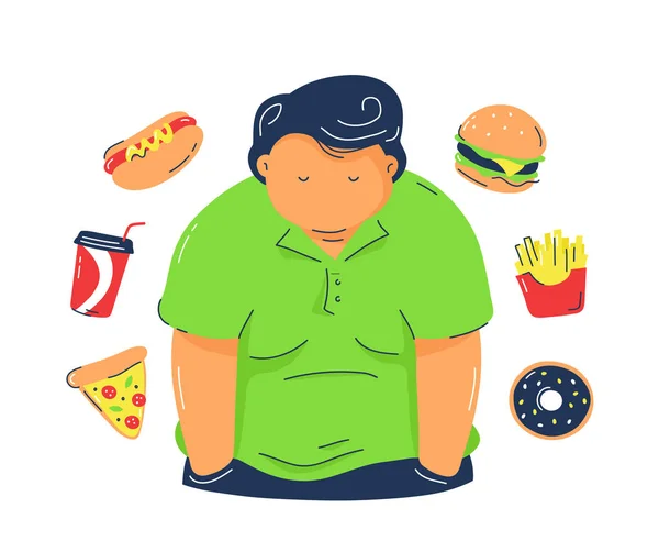 Obésité grasse homme avec des produits de restauration rapide — Image vectorielle