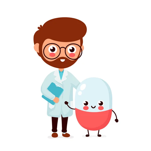 Lindo médico sonriente divertido y píldora feliz — Vector de stock