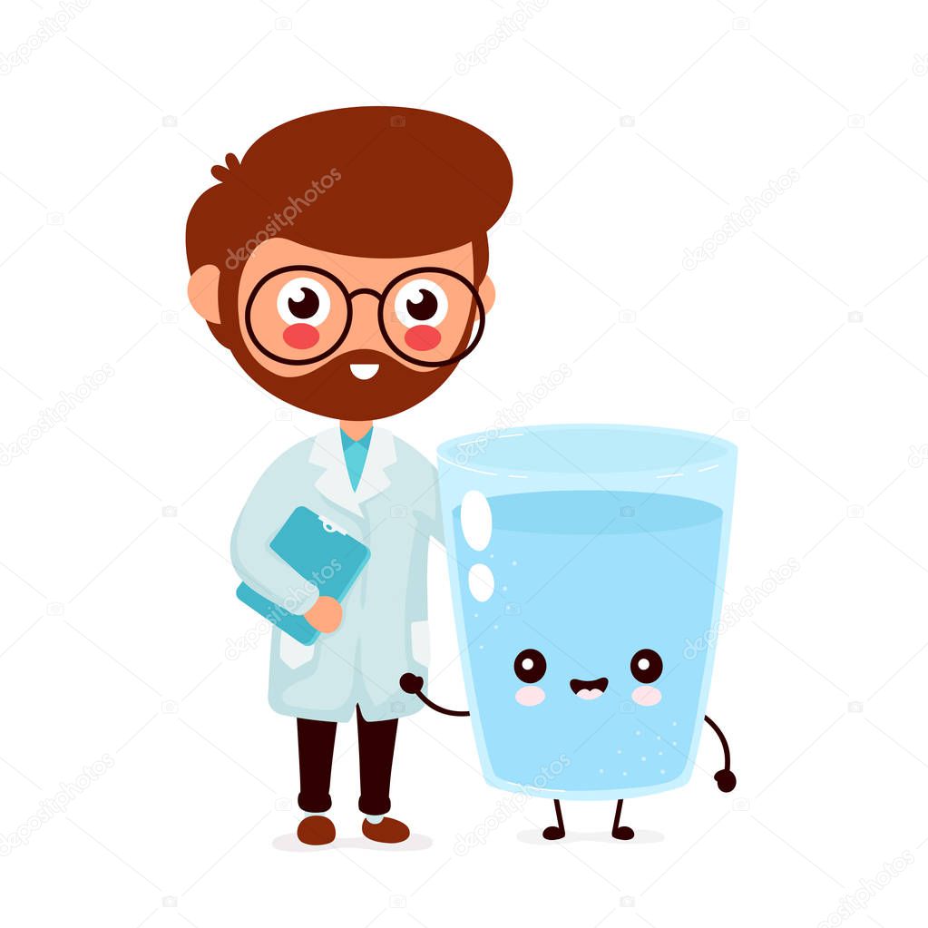 Cute smiling happy doctor and water glass
