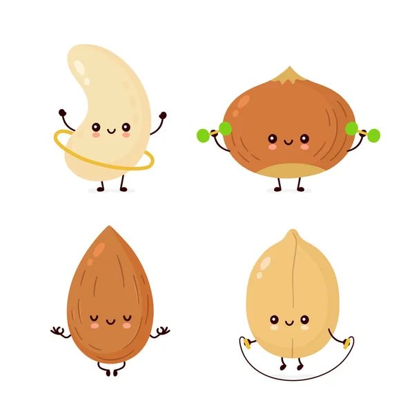 Cute happy nuts make fitness, yoga, gym set — стоковый вектор