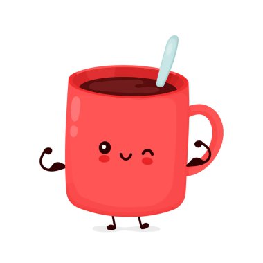 Sevimli, mutlu, komik kahve fincanı kaslarını gösteriyor.