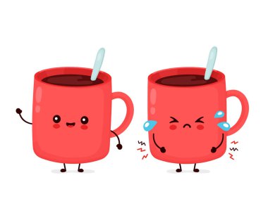 Sevimli mutlu ve üzgün ağlayan komik kahve fincanı.