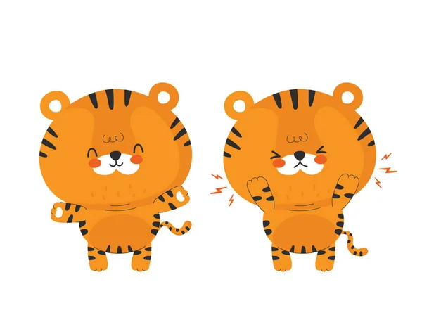 Χαριτωμένη αστεία χαρούμενη και λυπημένη τίγρη. Διάνυσμα — Διανυσματικό Αρχείο