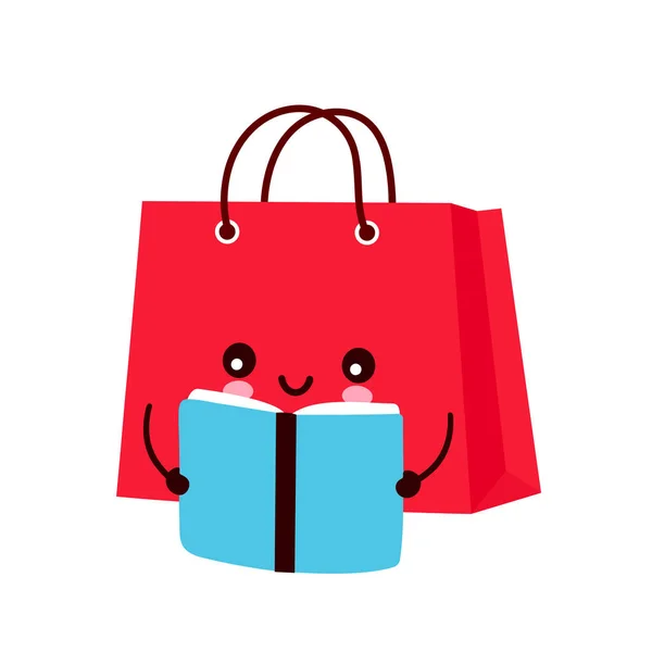 Χαριτωμένο χαρούμενο αστείο τσάντα ψώνια διαβάσει το βιβλίο — Διανυσματικό Αρχείο