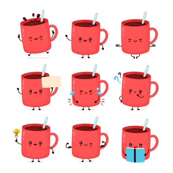 Leuke vrolijke grappige koffie mok set collectie — Stockvector