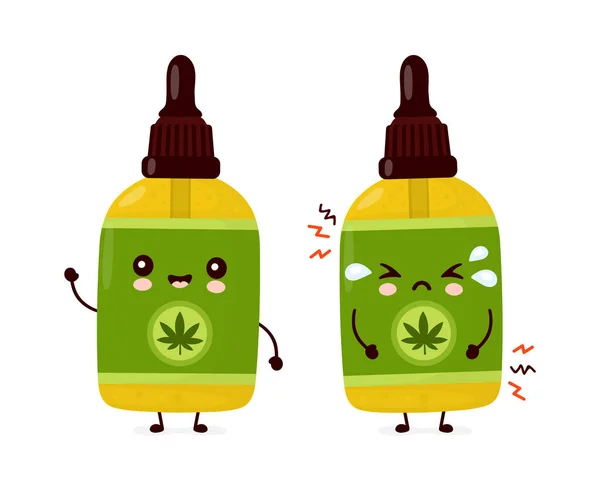 Cute bahagia dan sedih lucu ganja botol minyak CBD - Stok Vektor