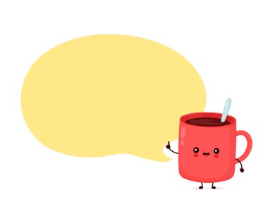 Tatlı, mutlu, komik kahve fincanı ve konuşma balonu.