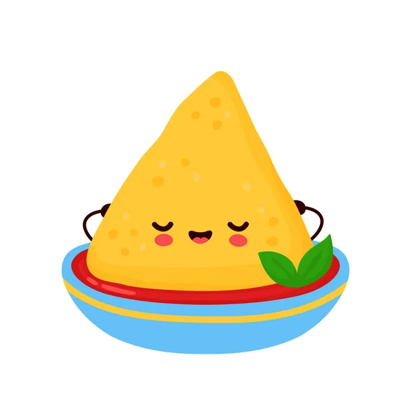 Lindo nacho divertido feliz en tazón de salsa — Vector de stock
