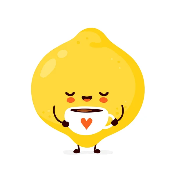 Cute happy funny Zitronenfrucht mit Teetasse — Stockvektor
