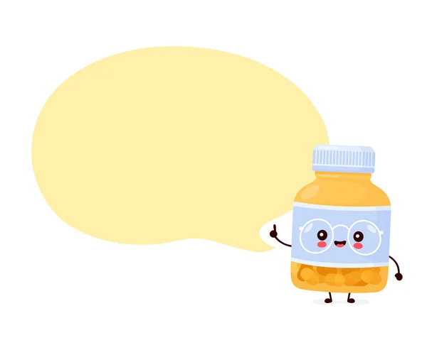Garrafa de pílula engraçada feliz bonito com bolha de fala — Vetor de Stock