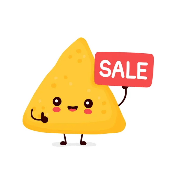 Carino felice divertente nachos con segno di vendita — Vettoriale Stock