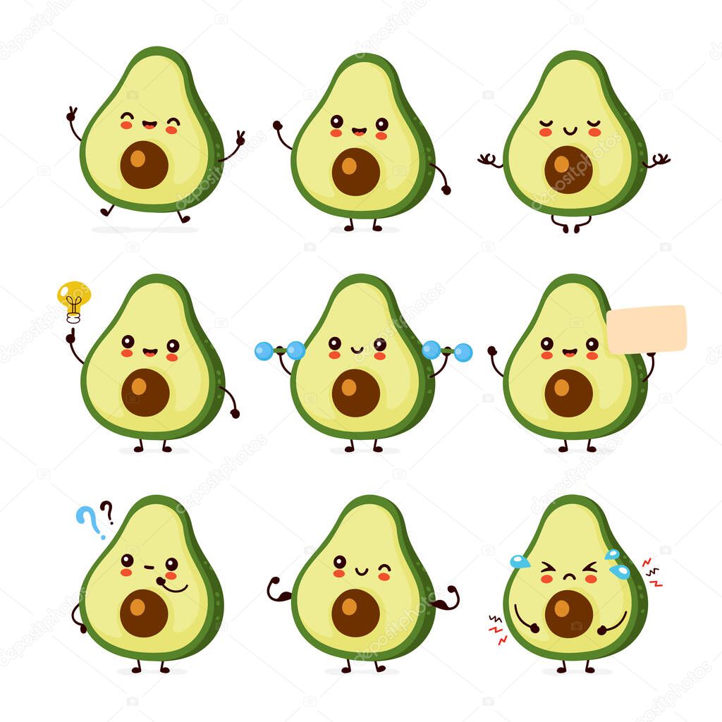 Cute happy funny avocado set collection