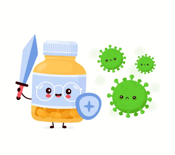 Милый счастливый забавный пузырек таблетки борьбы с вирусом — стоковый вектор