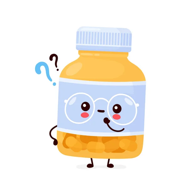 Cute happy funny pill bottle with question marks — Stock Vector