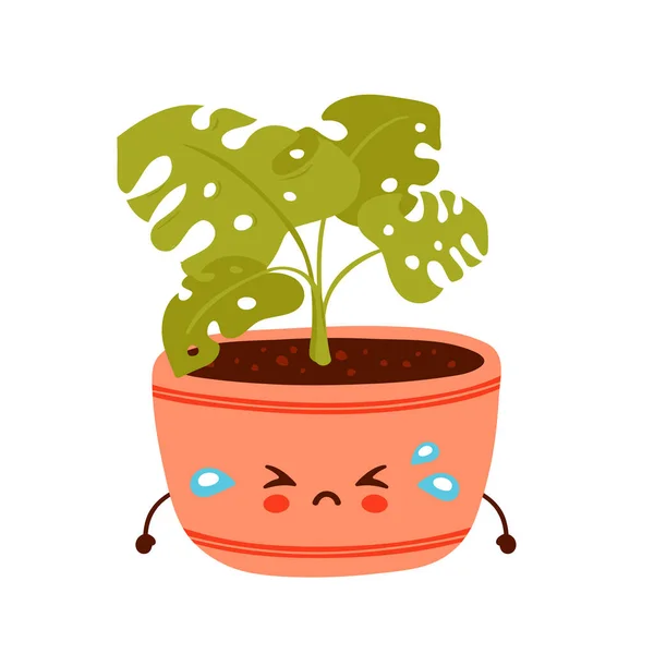 Linda planta monstera divertida triste en maceta — Vector de stock