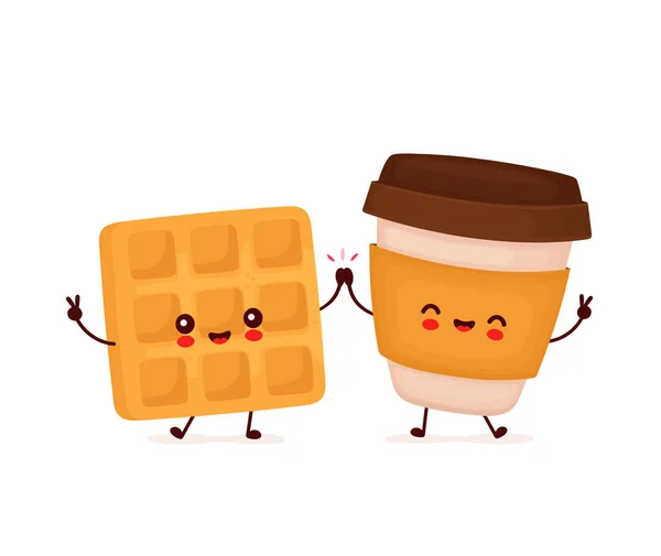 Bonito waffle feliz e personagem café — Vetor de Stock