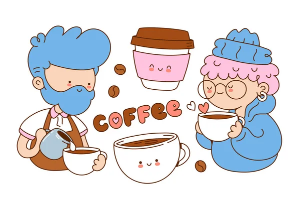 Café lindo conjunto de ilustraciones. Caricatura vectorial — Vector de stock