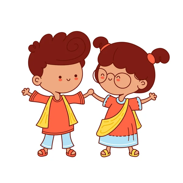 Cute indian kids character. Vector flat line — Stock Vector