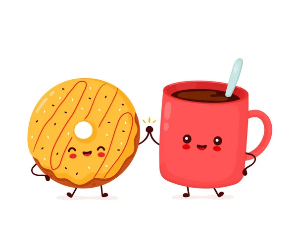 Lindo feliz donut y café taza carácter — Vector de stock