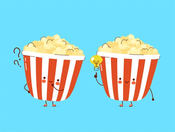 Niedlich fröhliches Popcorn mit Fragezeichen und Idee — Stockvektor