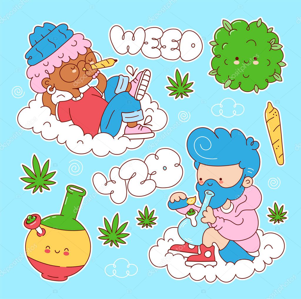 Weed cute characters stickers set