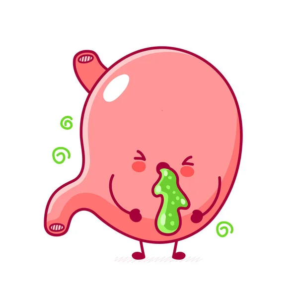 Cute happy funny stomach organ vomits — Stock Vector