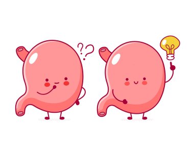 Soru işareti olan şirin, mutlu, komik bir mide organı.