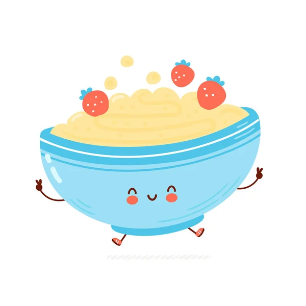 Cute happy bowl of oatmeal porridge set — Stock Vector
