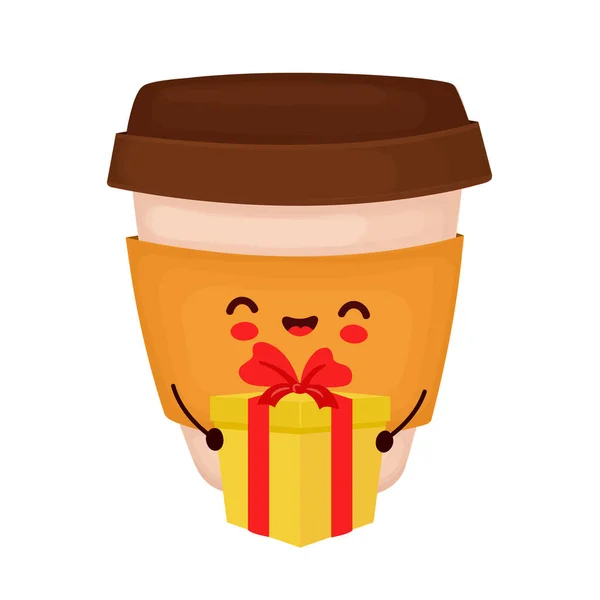 Personagem de copo de café feliz bonito com caixa de presente — Vetor de Stock