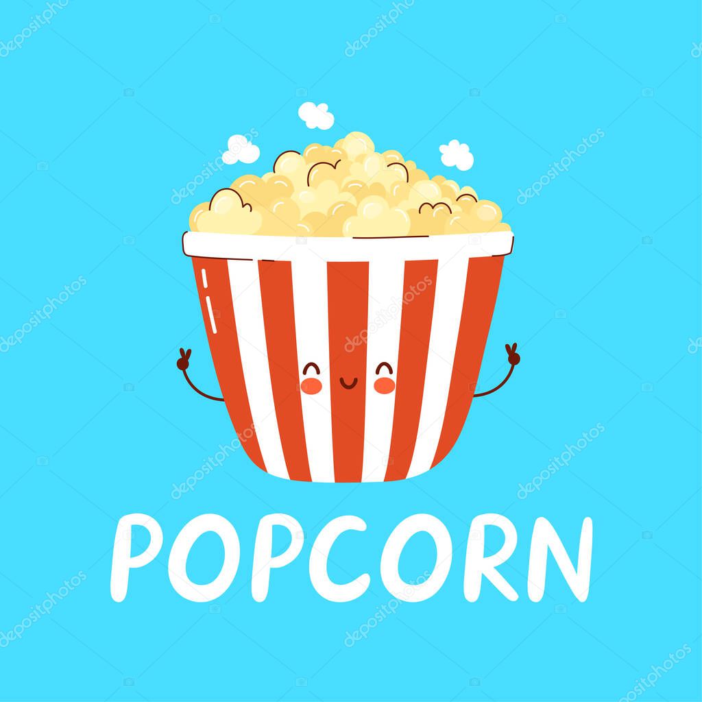 Cute happy popcprn character logo. Isolated on white background. Vector cartoon character hand drawn style illustration