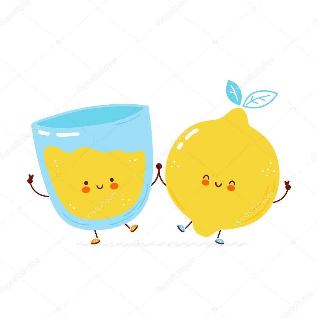 Cute happy lemon and lemonade glass. Isolated on white background. Vector cartoon character hand drawn style illustration