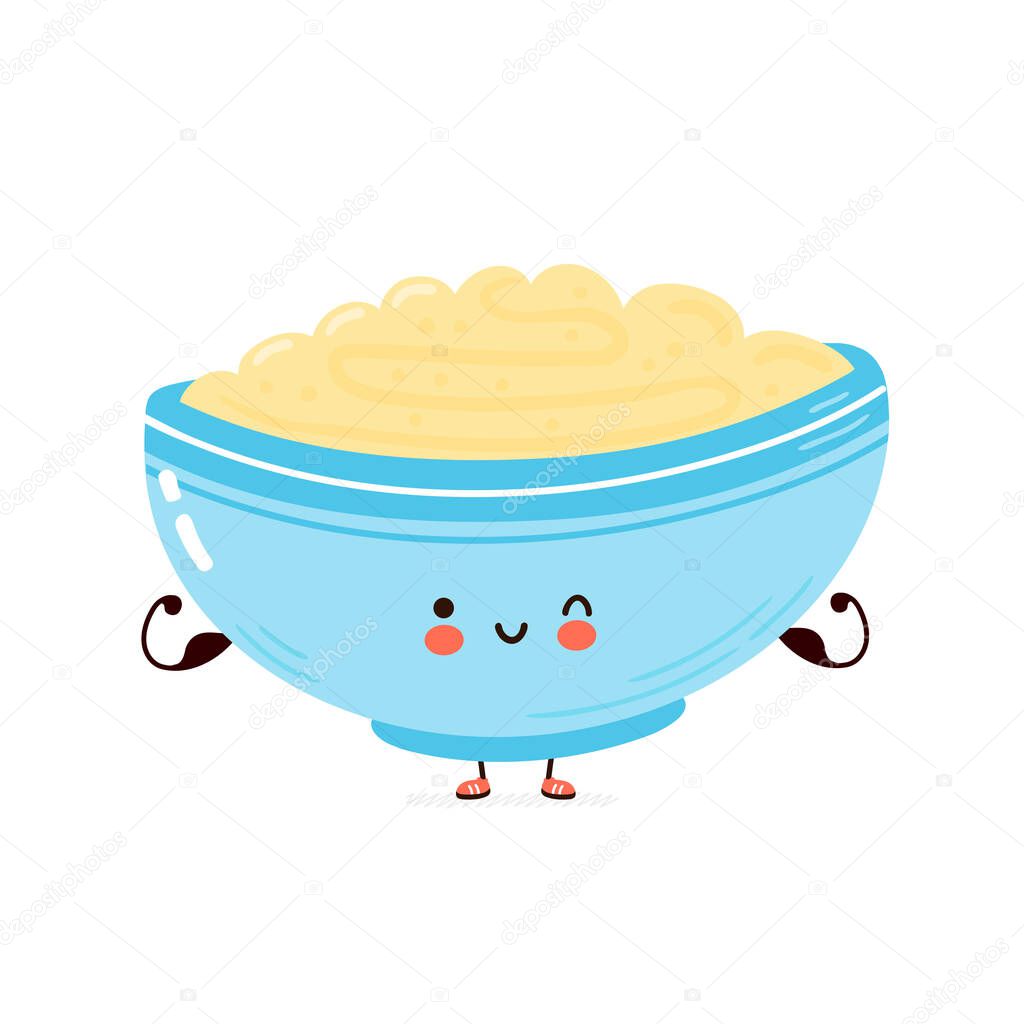 Cute happy bowl of oatmeal porridge show muscle. Isolated on white background. Vector cartoon character hand drawn style illustration. Oat breakfast cup concept