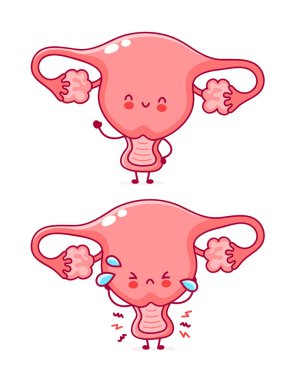 Sevimli mutlu ve üzgün komik kadın rahim organı.