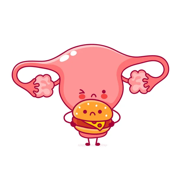 Lindo feliz divertido mujer útero órgano con hamburguesa — Vector de stock