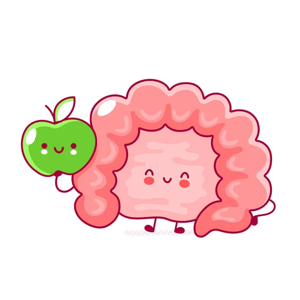 Lindo feliz divertido intestino humano órgano con manzana — Vector de stock