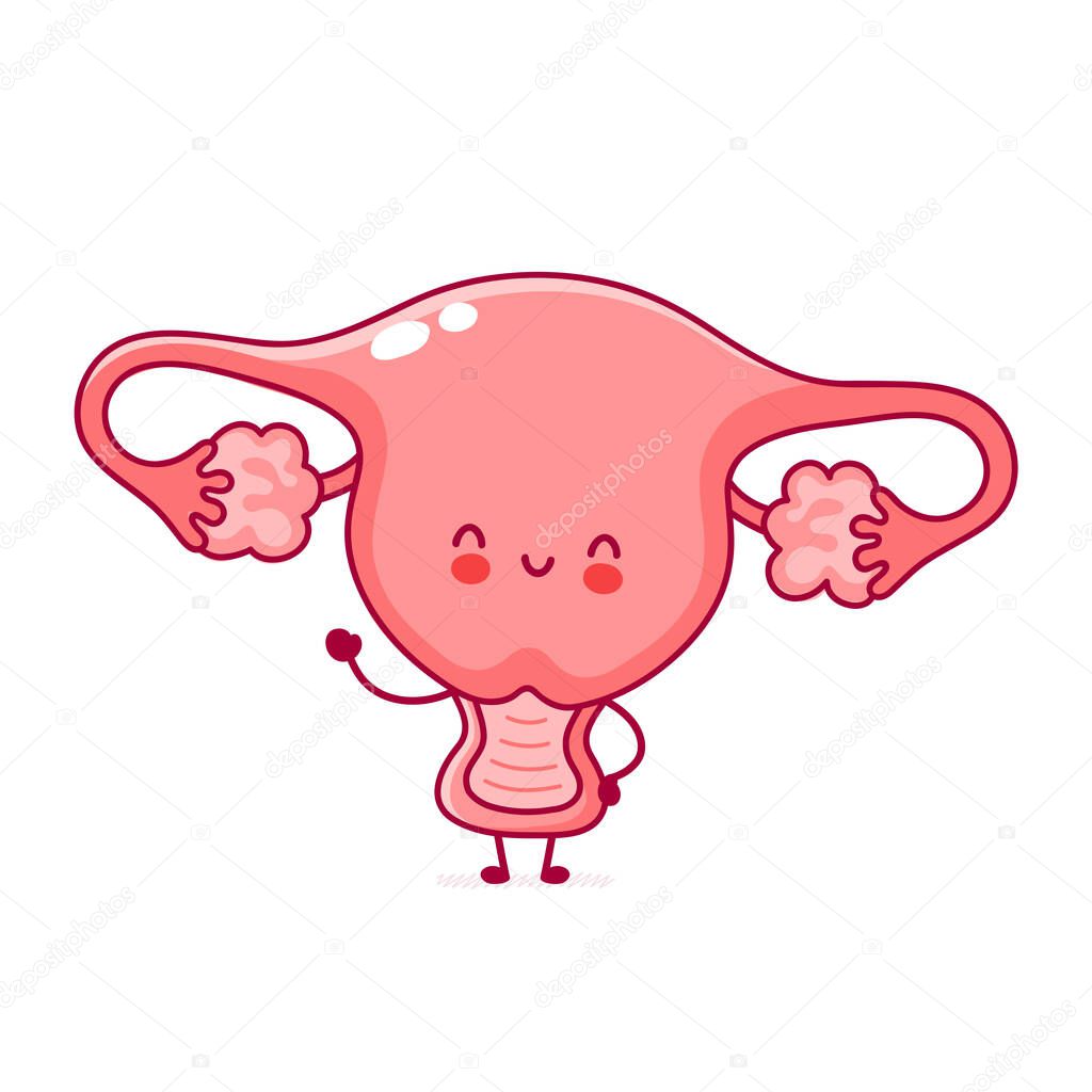 Cute happy funny woman uterus organ. Vector flat line cartoon kawaii character illustration icon. Isolated on white background