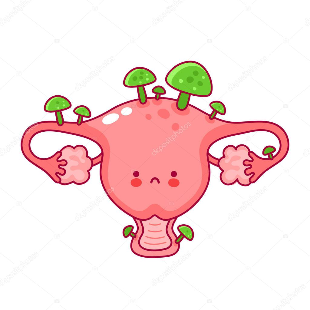 Cute happy funny woman uterus organ with fungus