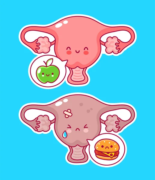 Carino organo utero donna con mela e hamburger — Vettoriale Stock