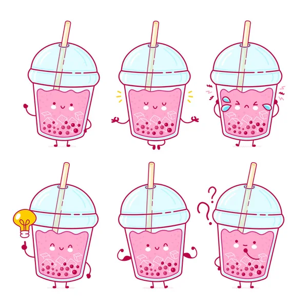 Cute szczęśliwy zabawny bubble herbaty filiżanka zestaw kolekcja — Wektor stockowy