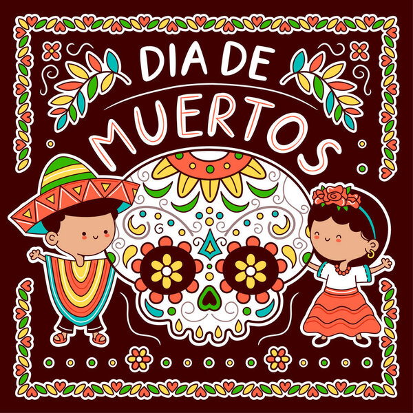 Sugar skull and kids in mexican costume