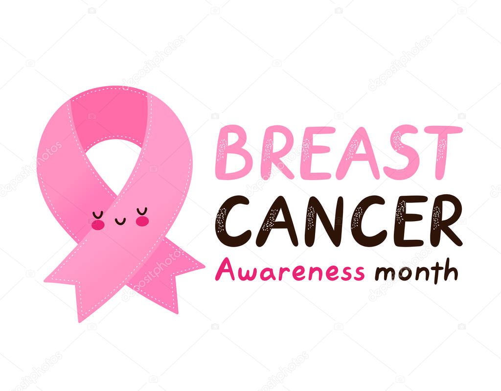 Breast Cancer Awareness Month pink ribbon banner. Cute happy funny pink ribbon character. Vector cartoon character illustration banner design. Isolated on white background