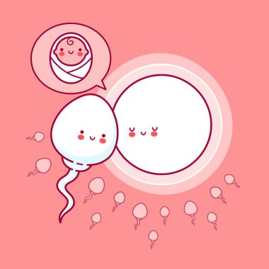 Şirin, mutlu, komik sperm hücresi, yumurta ve bebek.